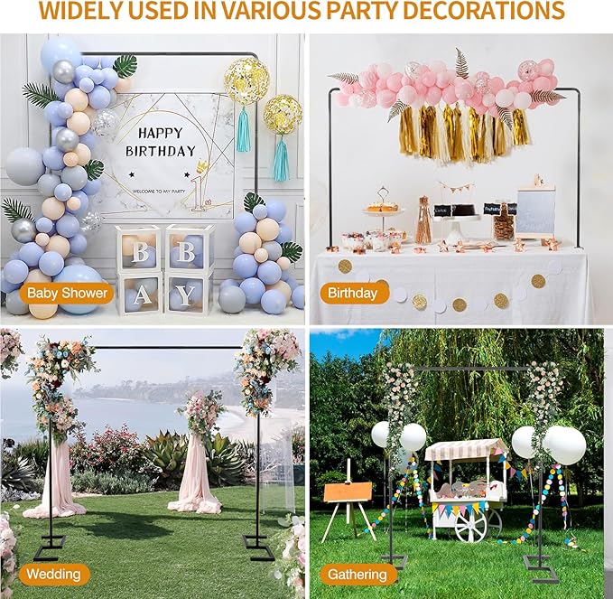 8.2FT Square Wedding Arch,Metal Arch Backdrop Stand Heavy Duty Adjustable,Extra 2 Clamp Change Over The Table Rod Stand,Black Balloon Arch Stand for Valentine Party Decor,Photoshoot Backdrop Stand Kit