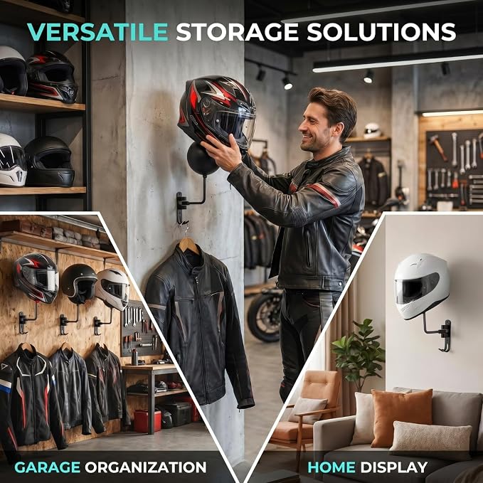 Shimeyao Motorcycle Helmet Holder Wall Mount 180° Rotation Helmet Hanger – Metal Helmets Rack with Hooks for Coat, Cap, Jacket, Glove, Motorcycle Bike Racing Outerwear Sports Gear Accessories