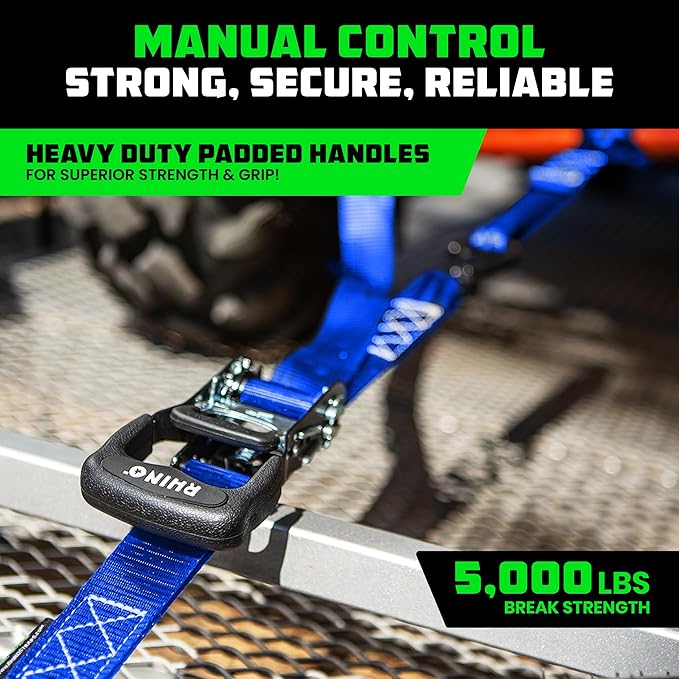 Rhino USA Ratchet Straps Heavy Duty Kit (4-Pack) - 1.6 Inch x 15 Feet Min Break Strength (5,000) - Ultimate Tie Down Straps with Safety S Hooks for Trucks, ATV, UTV, Motorcycle, Cargo & More - Blue