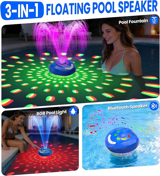 FluSing 3 in 1 Pool Fountain with Bluetooth Pool Speaker,Rechargeable Floating Pool Fountain with Light,Pool Water Fountain Pump IP68 Waterproof Pool Speaker,BT5.4,Above Ground Pool Fountain-Deep Blue