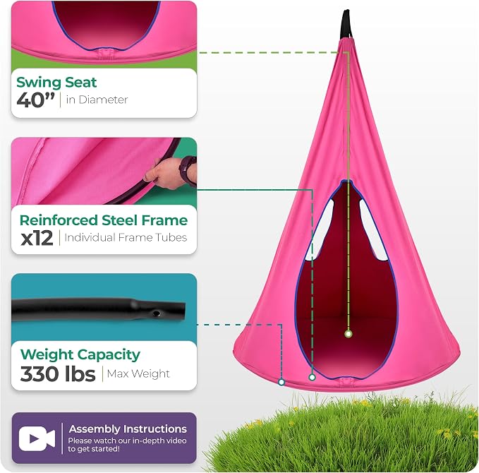 Sorbus Pod Swing for Kids - Durable Hanging Hammock Chair w/Adjustable Rope - 2 Windows & 1 Entrance - Tree Tent Sensory Swing for Kids Indoor Outdoor Use - 250lbs Sturdy Nest Swing - (Pink)