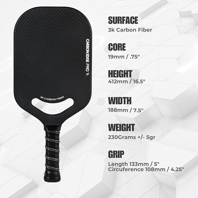 3K Carbon Fiber Pickleball Paddle Racket, with Breathable Grip, 19mm Polypropylene Honeycomb Core, Balanced Power and Spin Training & Recreational Paddle
