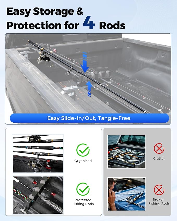 Aluminum Fishing Rod Holder for Truck Bed Holds 4 Fishing Rods, Truck Bed Fishing Rod Holder for Pickup, Gift for Truck Owners, Fishing, Outdoors, Dad, Family