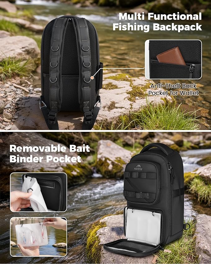 MATEIN Fishing Sling Bag with Lure Rod Holder & Phone Pouch, Waterproof 3600 Tackle Box Backpack with Removable Bait Binder