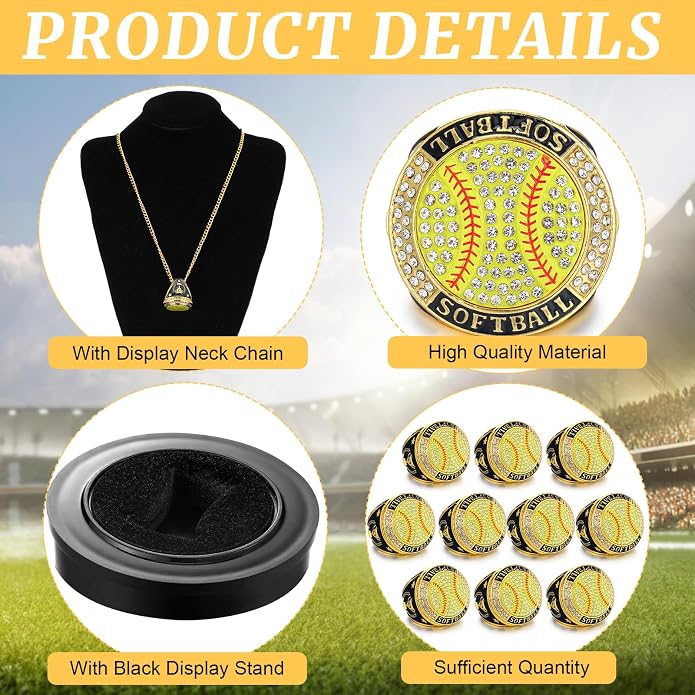 Highergo 20 Pcs Baseball Softball Basketball Football Champion Rings with Display Neck Chain and Stand Volleyball Soccer Cheer Trophy Rings Bulk for Tournament Award Gift