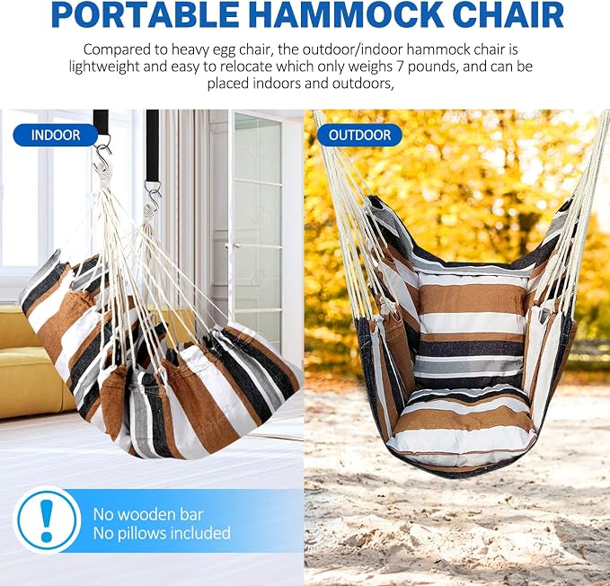 KPX Ourdoor Hanging Hammock Chair – Comfortable Tree Swing Chair Large Size 110X130cm（Without Pillows） - 330 Lbs Weight Capacity (Brown)