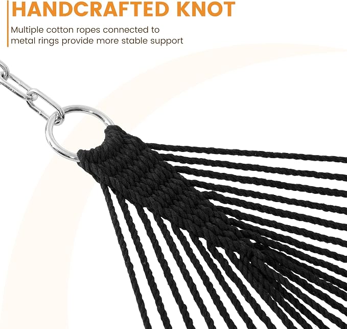 Lazy Daze Hammocks 12FT Double Rope Hammocks, 2 Person Hand Woven Cotton Hammock with Spreader Bar, Carabiner, Tree Strap, Chain for Outside, FIT 13-15 FT Stand, Max 450 Lbs, Black