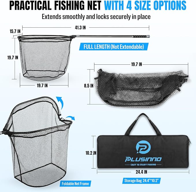 PLUSINNO Large Fishing Net, 3.4-7.7 FT Carbon Fiber Fish Net with Long Telescoping Handle, Kayak Fishing Gear Accessories Foldable Landing Net for Bass, Trout, Catfish, Fishing Gifts for Men Father