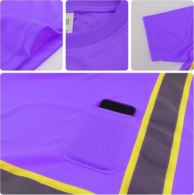 W&H Hi Vis Safety Short Sleeve Shirts Class 2 Reflective Birdeyes Fast Dry Breathable with Black Base for Work