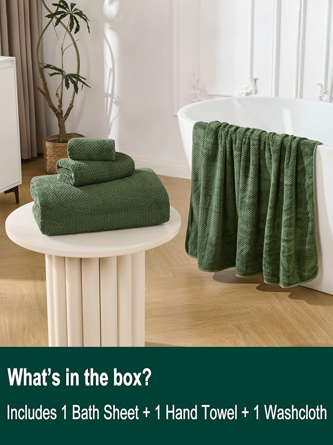 Extra Large Bath Sheet Set 3-Piece, 1 Bath Towel 40x80 Inches, 1 Hand Towel, 1 Washcloth, Soft Absorbent Quick Dry Microfiber Towel for Bathroom Beach Pool Gym Spa, Olive Green