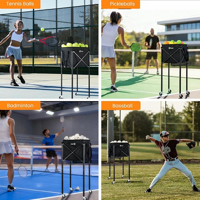 Portable Tennis Ball Hopper & Pickleball Basket, Foldable Tennis Ball Cart with Storage Bag, Multi-Sport Ball Collector for Training & Practice