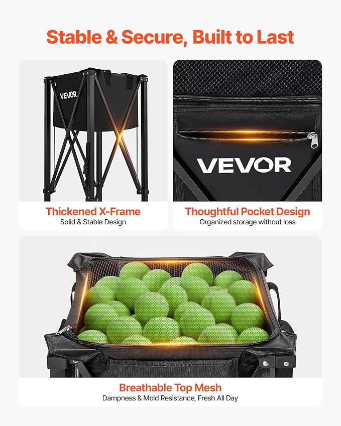 VEVOR Tennis & Pickleball Hopper Holds 200/175/150/120 Balls, 3-in-1 Tennis Foldable Pickleball Basket Cart for Easy Installation, Storage Bag for Tennis Training & Teaching