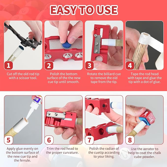 Pool Cue Tip Shaper, Pool cue Tips Replacement kit, Billiards Accessories Tool, Pool Stick Tips (red)