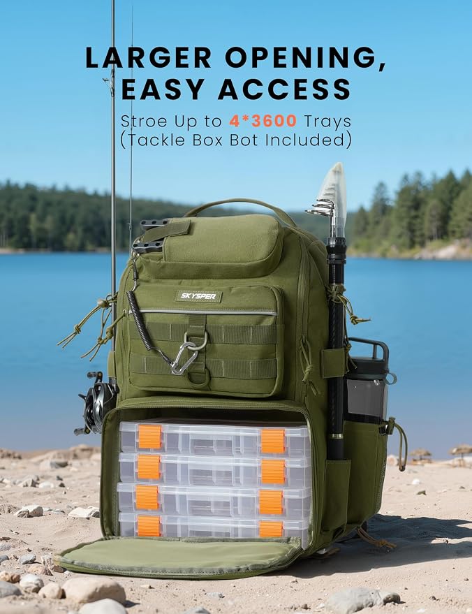 SKYSPER Tackle Backpack Fishing Bags with Rod Holder, 40L Water-Resistant Tackle Box Storage Bag for Fishing Gear Lures(Armygreen)