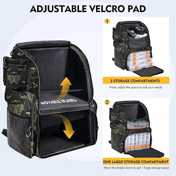 MGB Fishing Tackle Backpack with Rod Holders & YKK Zipper, 46L Fishing Bag with Bottle Holder, Storage Bag Store Fishing Gear