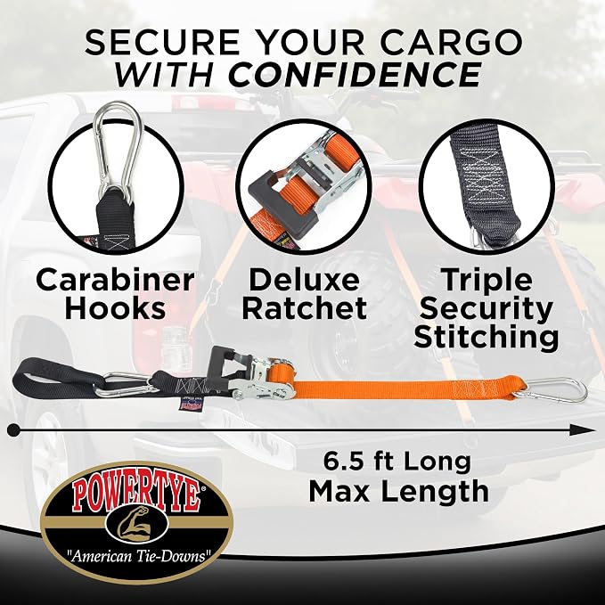 PowerTye 1.5 inch x 6.5ft Heavy Duty Ratchet Tie Down Straps with Carabiner Hooks, Soft-Tye & Storage Bag, for Motorcycle, ATV, Trailer & Cargo - 1,000 lb WLL - Made in USA - Black/Black Pair