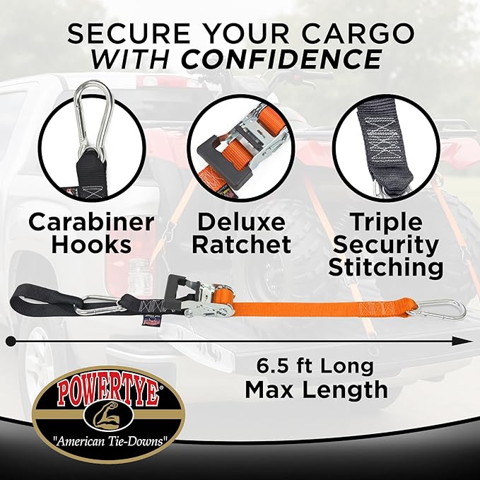 PowerTye 1.5in x 6.5ft Heavy Duty Ratchet Tie-Down Straps with Soft-Tye and Carabiner Hooks - 1,000 lb Working Load Limit / 3,000 lb Breaking Strength - Made in USA - Red/Black Pair