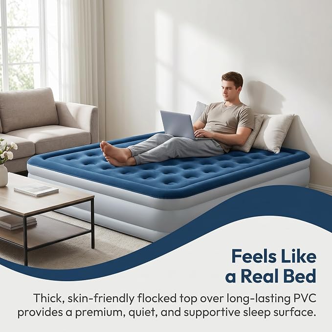 Air Mattress Queen with Built in Pump Comfortable Waterproof Flocked Surface Blow up mattresses for Temporary Family Stays and Travel,16-Inch Blow Up Mattress Inflates in 3 Minutes