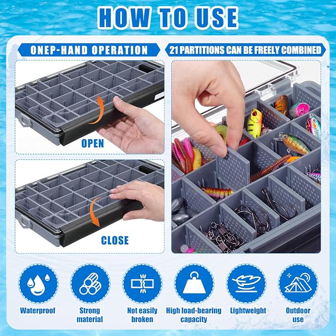 Junkin 6 Pack 3700 Fishing Tackle Boxes Waterproof, High-vis Black Lure Organizer Trays with Removable Dividers, Airtight Bait Storage Case for Bass Fishing Backpacks & Kayak Gear Accessories