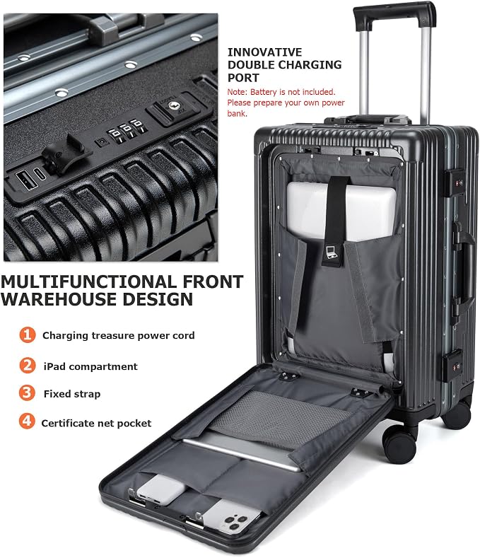 feilario Aluminium Frame PC Hard Shell Spinner Wheels Luggage,20.8"X15"X8.7 Airline Approved Built-In TSA lock Carry on Suitcase, with Cup Holder, USB Port, Phone Holder