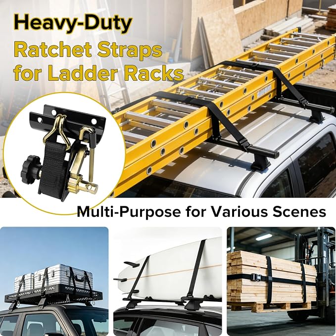 2 Pack Retractable Ladder Rack Ratchet Straps, 2" Round Tube Mount Tie Downs, 1.5" x 7.5' Heavy Duty 500 lbs Load Capacity with Double J-Hooks, Bolt-On Cargo Buckle for Truck & Van Roof Racks
