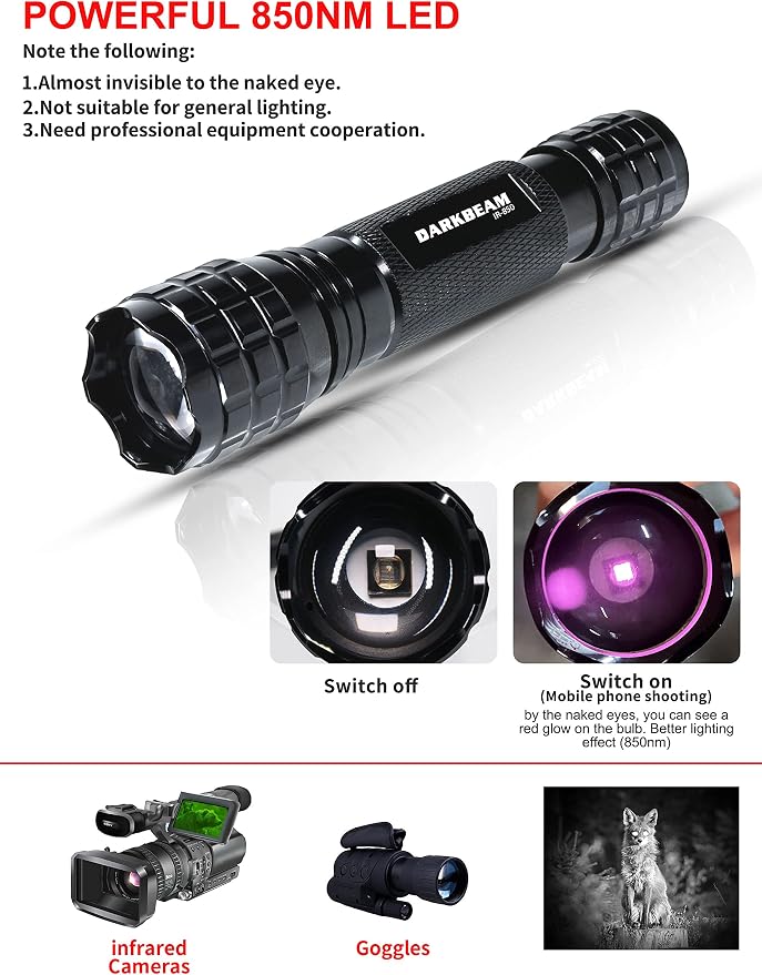 DARKBEAM ir Flashlight Infrared 850nm Lights LED Mini for Night Vision, Rechargeable Portable Tactical ir Illuminator Torch, Focus Adjustable for Hunting, Observation, Search