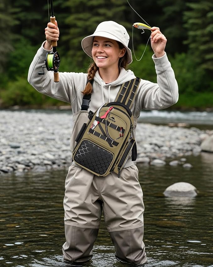 MATEIN Fishing Sling Bag with Lure Rod Holder & Phone Pouch, Waterproof 3600 Tackle Box Backpack with Removable Bait Binder