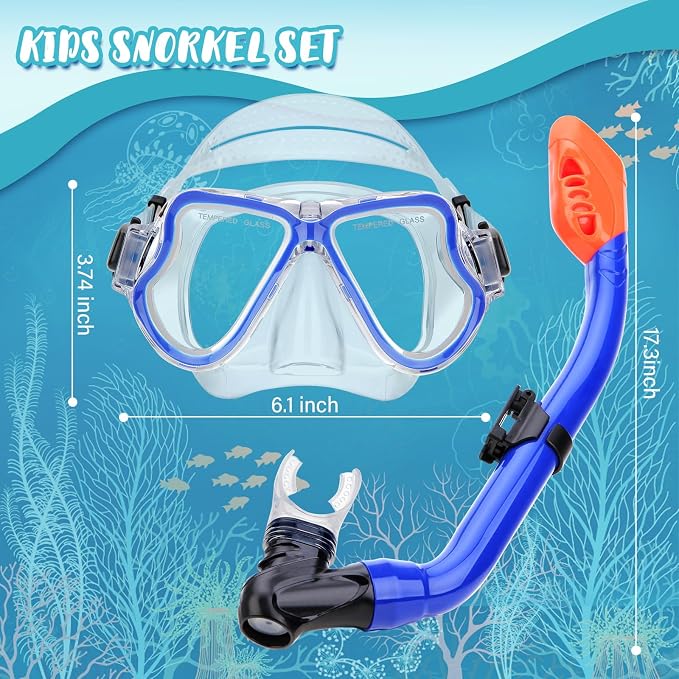 Snorkeling Gear for Kids, 4 in 1 Child Mask Fins Snorkel Set with Panoramic View Anti Fog Mask, Dry Top Snorkel, Trek Fins and Travel Bag, Kids Snorkeling Set with Fins for Snorkeling Swimming