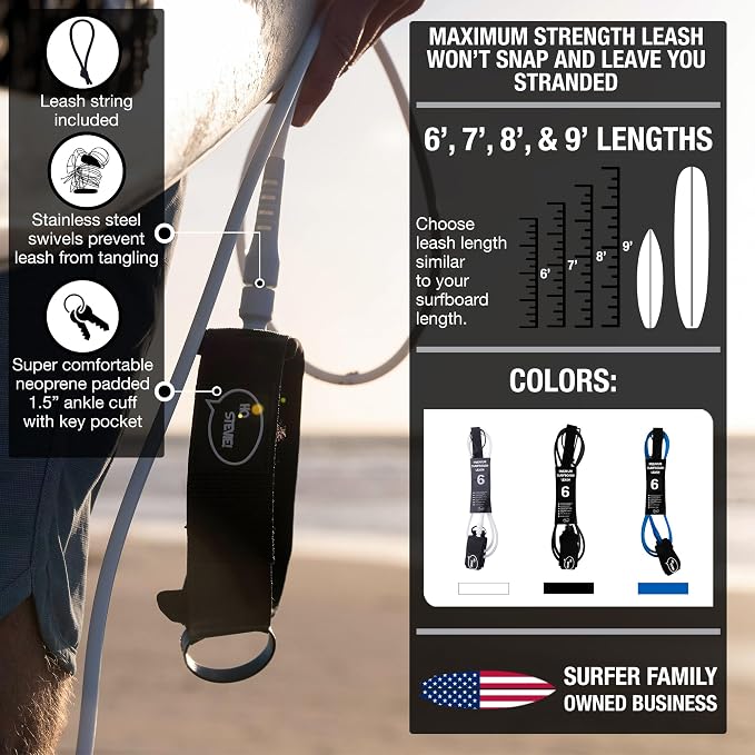 Ho Stevie! Premium Surf Leash - No Tangles, No Lost Surfboard - Hi-Strength Lightweight 1/4" Cord - Feels Like Surfing Leashless - 6/7/8/9 Feet