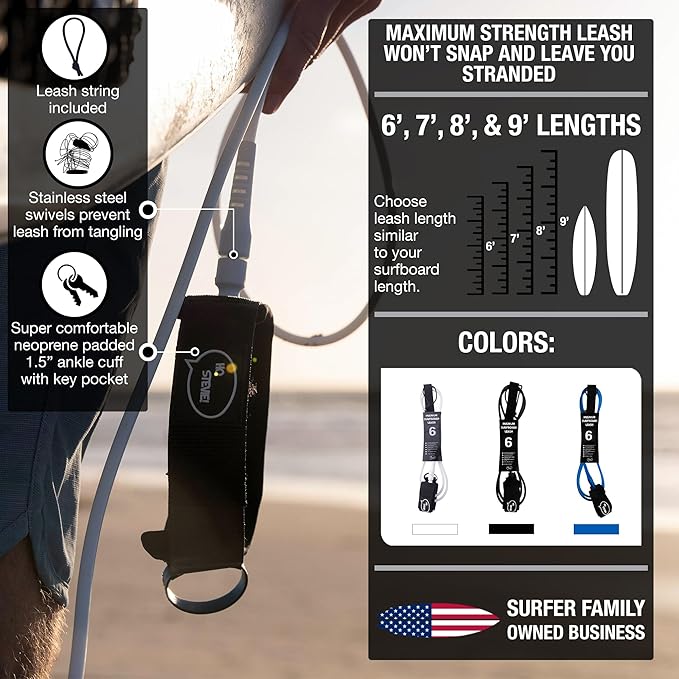 Ho Stevie! Premium Surf Leash - No Tangles, No Lost Surfboard - Hi-Strength Lightweight 1/4" Cord - Feels Like Surfing Leashless - 6/7/8/9 Feet