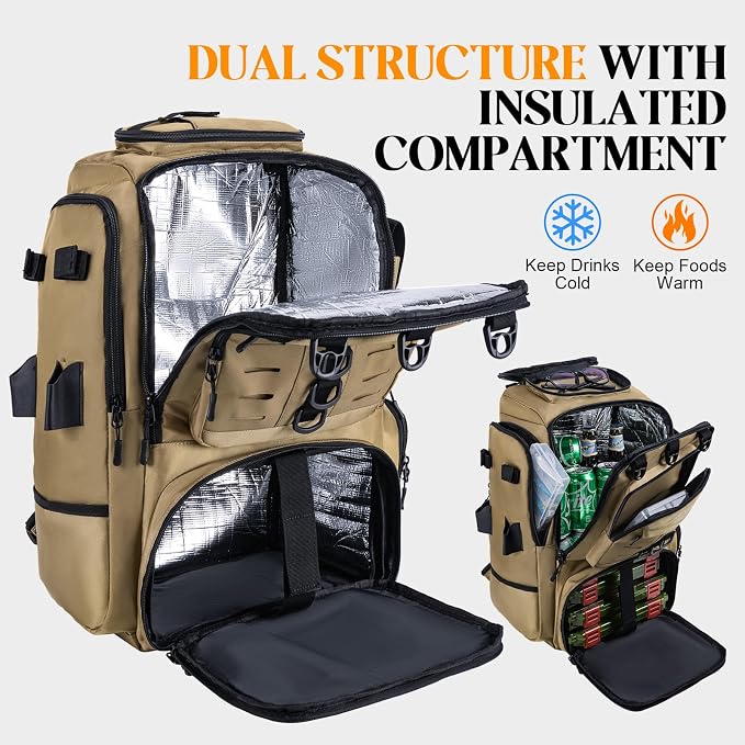Goture 40L Fishing Tackle Backpack with Cooler Compartment Khaki, Water-Resistant Fishing Gear Bag & Rain Cover & 3600 Trays