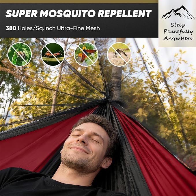 Camping Hammock with Mosquito Net, 500 lbs Portable Hammock with Tree Straps, 2-in-1 Double/Single Travel Hammock Tent for Outside/Indoor/Backpacking/Beach - Black & Red