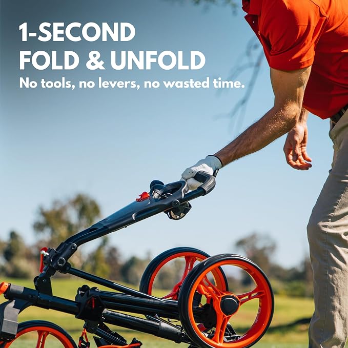 Qwik-Fold 3-Wheel Golf Push Cart with 360° Swivel Front Wheel & Foot Brake – 1-Second Folding Golf Trolley, Lightweight Aluminum Frame, Umbrella Holder, Cup Holder & Storage