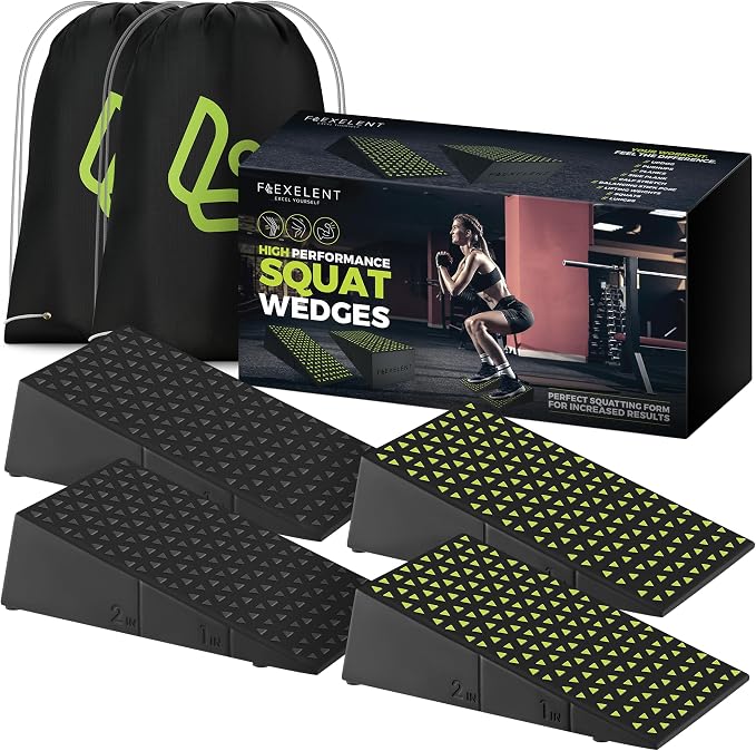 Flexelent Squat Wedge Block Pair, Squat Ramp, Calf Raise Block, Anti-Slip Slant Board, ATG Equipment to Boost Workout, 17° Incline, 3.5x5.9x12.2, Backpack Included - Monochrome (Black & Lime Green)