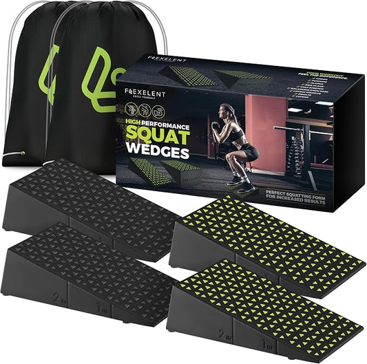 Flexelent Squat Wedge Block Pair, Squat Ramp, Calf Raise Block, Anti-Slip Slant Board, ATG Equipment to Boost Workout, 17° Incline, 3.5x5.9x12.2, Backpack Included - Monochrome (Black & Lime Green)