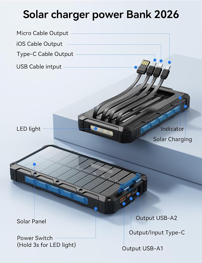 Solar-Charger-Power-Bank - 20000mah Solar Powered Battery Charger Cell Phone,20W Fast Charging Built in Cables,Camping Essentials Portable External Battery Pack Compatible with Multiple Devices