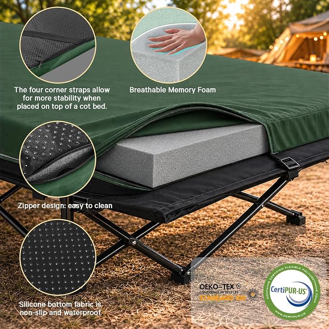 CYMULA Camping Cot Pad 2 Inch Memory Foam, Camping Pad for Folding Cot and Foldable Cot, Portable Roll Up Camp Gear for Car Camping Travel Tent, Non-Slip Waterproof Bottom, Removable Cover, Pad Only