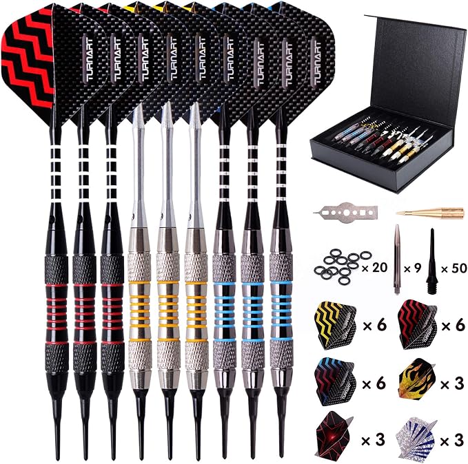 Turnart Darts Plastic Tip - Professional Soft Tip Darts Set for Electronic Dartboard 9 Pcs 18 Grams with 50 Extra Tips 9 Shafts 27 Flights Tool Kit Flight Protectors and Gift Darts Case