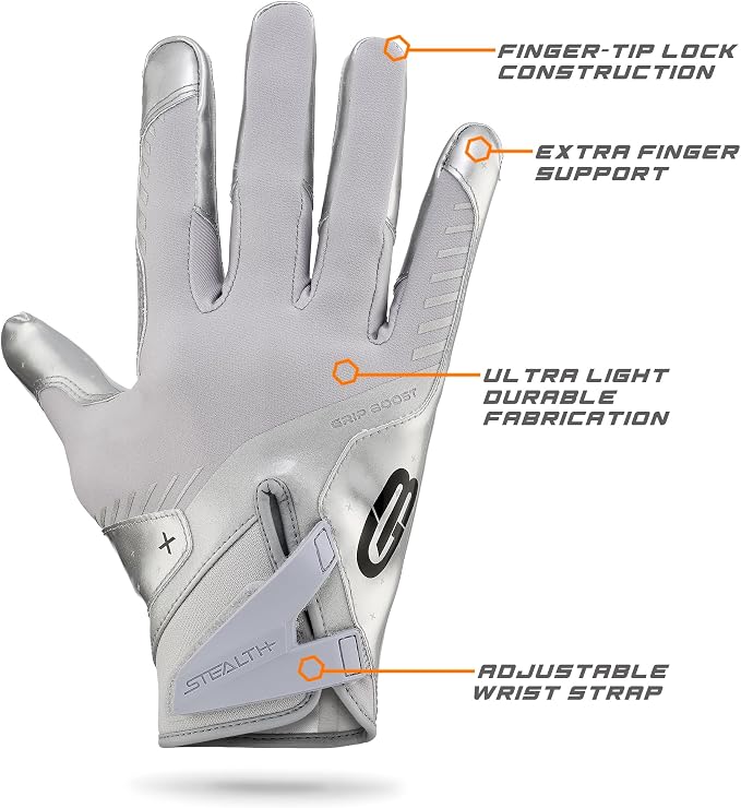 Grip Boost Football Gloves - Solid Stealth 6.0 Boost Plus Sticky Technology - Adult and Youth Football Gloves for Wide Receiver - Men's and Boys Sizes
