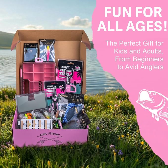 Goture Pink Fishing Kit, Fishing Lures with Tackle Box and Fishing Tool Kit Set for Women, Include Fish plier, Braid Scissors, Fishing Gripper with Gift box