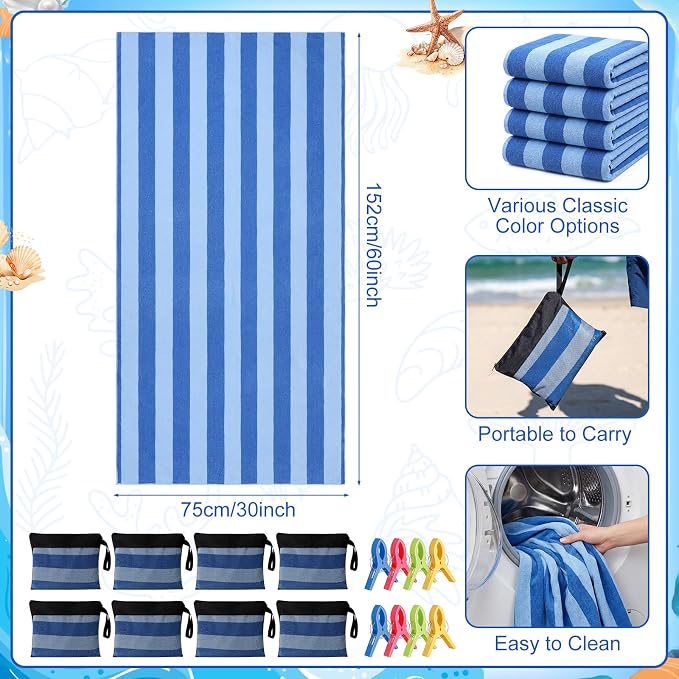 Gilprop 8 Packs Oversized Stripe Beach Towels XL L Microfiber Clearance Pool Towels with Bags Clips Soft Absorbent Quick Dry Camping Swim Towel for Adult Women Men Travel Family (60×30 in,Blue)