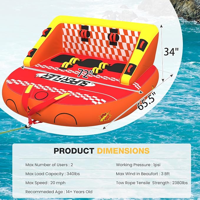 3-Person Towable Tubes for Boating with Towable Rope, Couch Reversible Boat Tube, Padded Bolster Guard Handles & Quick-Connect Tow Point | Towable Rope,Couch Reversible Boat Tube,Padded Bolster Guard Handles,Quick-Connect Tow Point