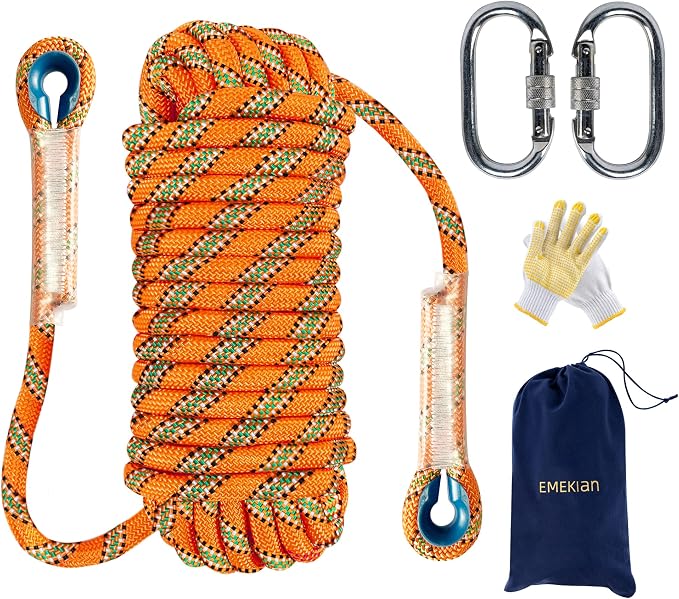 Indoor Outdoor Climbing Rope, 10/12/14mm (32FT/49FT/65FT/98FT) Static Rock Climbing Rope for Escape Rope, Ice Climbing Equipment, Fire Safety Rescue Rope, with Non Slip Gloves