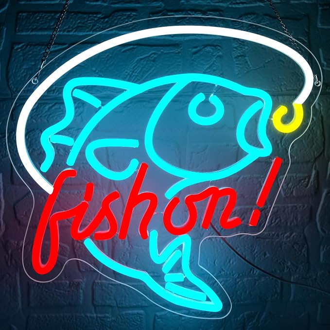 Fishing Neon Sign for Wall Decor Fishing Led Neon Light for Man Cave | Dimmable Neon,Fisherman Birthday Fishing Gifts,Led 5V USB Powered,Fishbowl,Fish Room Decor,Business Shop Wall Art,12.9*12.9in