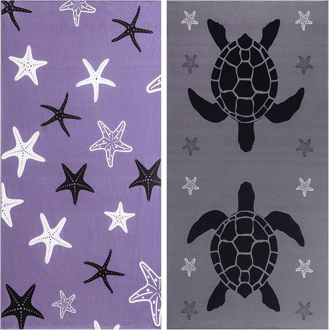Jessy Home Microfiber 4 Pack Beach Towel Set, 40x70in Oversized Beach Towel, Quick-Dry Sand-Free Highly Absorbent Swim Towel, Soft Pool Towel, Marine Mixed Prints of Starfish & Sea Turtle for Vacation