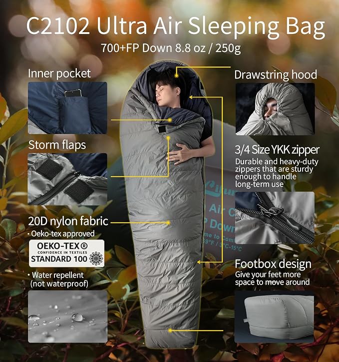 Litume Ultra Compact Down 3 Season Mummy Sleeping Bag, 700 Fill Power Sleep Sack for 3 Season, Ultra Lightweight, Compact and Portable, for Hiking Traveling Camping Backpacking Adult Outdoor Durable