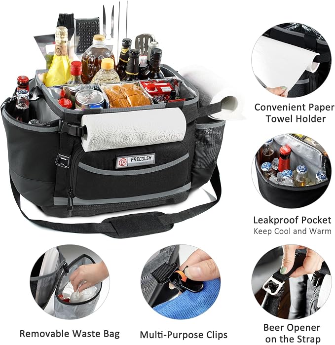 Large BBQ Organizer with Molded Hard Base, Compatible with Blackstone Outdoor Utensil Bag for Camping, Picnic & Tailgating, Portable Cooking Accessories Tote, Gift for Men