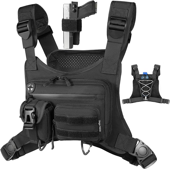 DegeTMVe Tactical Running Chest Bag with Anti-Bounce Design, Water-Repellent & Concealed Pistol Holster – Adjustable 4-Strap, Water Bottle Holder, Reflective Safety for Hiking, Cycling, Workouts