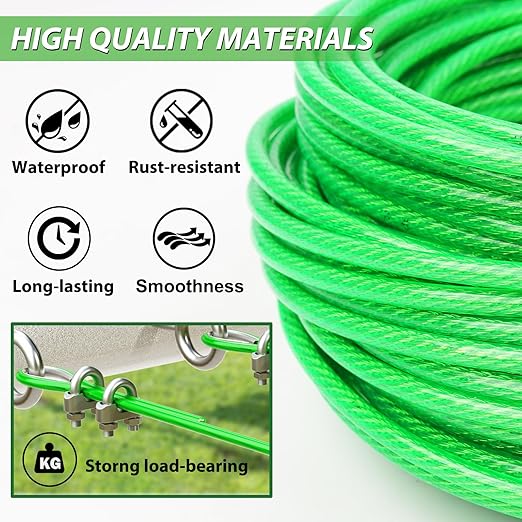 3/16" Clothes Line Outdoors, 100Ft Green PVC Coated Steel Cable Clip Clamp Kit, Multi-use Guide Wires for Climbing Grapevines Plants/Clothesline Wire for T Post/String Light Hanging Kit
