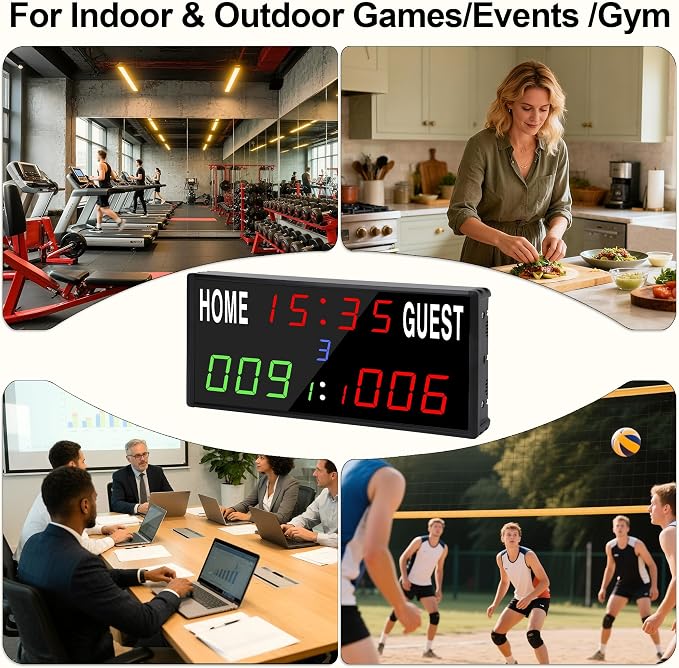 LED Electronic Scoreboard Digital Score Keeper with Remote/Timer/Shot Clock,Portable Basketball Scoreboard with 40-Foot Remote Control ,100FT VISIBLE,24H Clock,Score History,6 Brightness,3 Placements